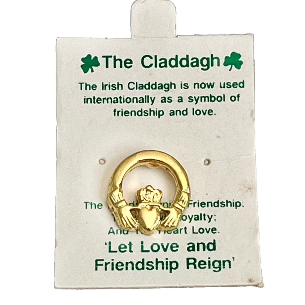 Vtg Gold Tone Claddagh Pin Tie Tac Hat Lapel Irish Celtic Friendship Hands Love - Picture 5 of 7